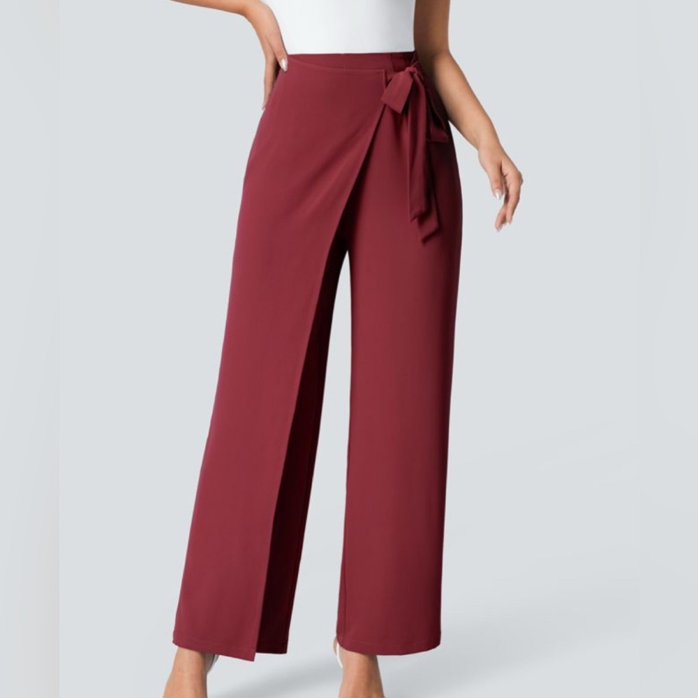 Halara High Waisted Tie Side invisible Zipper Wide Leg Work Pant PlumBlossom Red